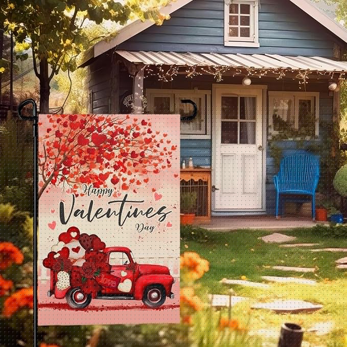 Valentines Garden Flags Red Truck Hearts Tree Yard Garden Flag Burlap 12x18 Inch Double Sided Sweet Love Flags for Outdoor Yard House Decor
