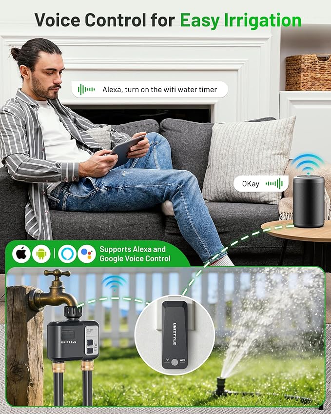 [All-New 2027] 1640FT WiFi Sprinkler Timer 2 Zone, Unistyle Smart Hose Timers Compatible Alexa & Google Voice and App Control, Water Timer for Garden Hose with Auto & Manual Modes for Garden Lawn