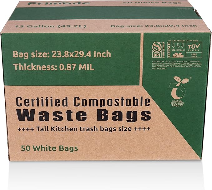 Primode Compostable Bags, 13 Gallon Food Scraps Yard Waste Bags, 50 Count, Extra Thick 0.87 Mil. ASTMD6400 Compost Bags Small Kitchen Trash Bags, Certified By BPI And TÜV AUSTRIA