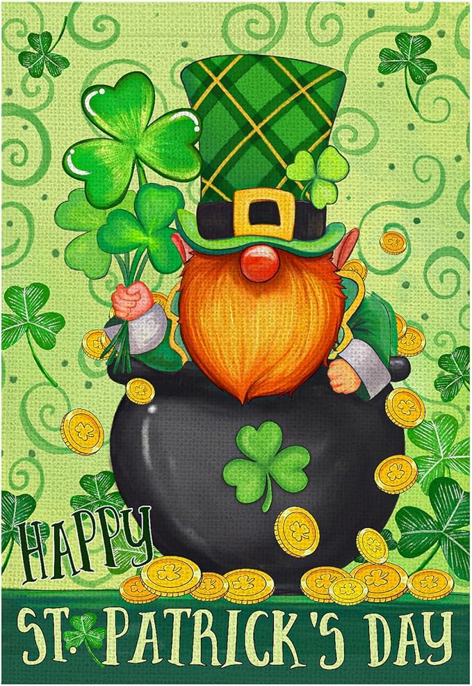 Happy St Patricks Day Gnome House Flag Burlap 28x40 Double Sided, Green Leprechaun Hat Shamrock Lucky Clover Holiday Party Sign Large Flags Yard Outdoor Decorations DF656-28