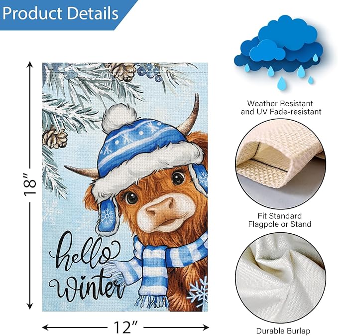 Louise Maelys Hello Winter Garden Flag Highland Cow Snowy 12x18 Inch Double Sided Welcome Christmas Xmas Tree Holiday Seasonal Small Burlap Yard Sign Outdoor House Decor