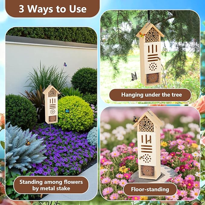 Wooden Insect House, Bee House with Metal Stake for Garden, Natural Ladbugs Habitat & Butterfly Hotel on The Ground or Hanging on Tree Wall (Pine, 3.34'' x 2.56'' x 11.8'', 11.8'' H Stake)