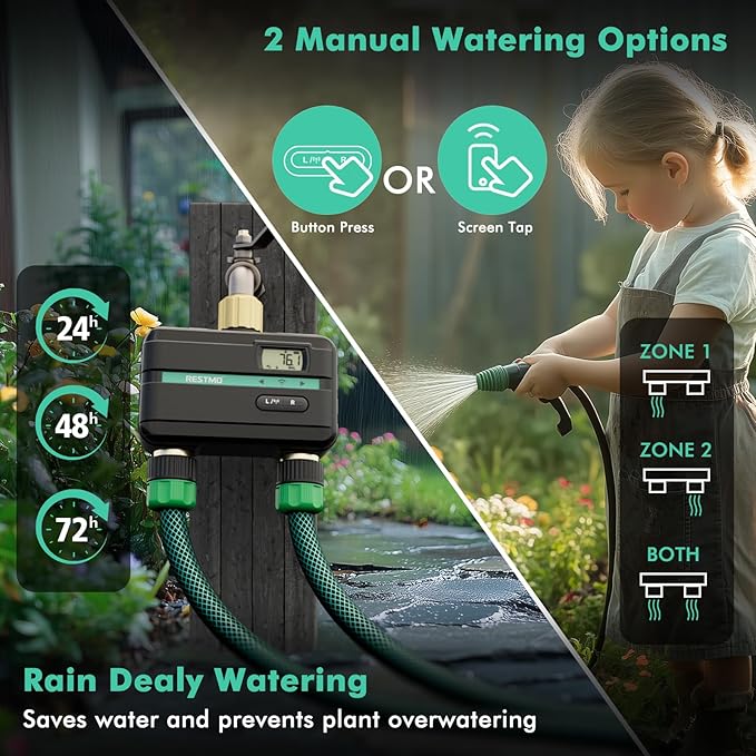 RESTMO Smart Sprinkler Timer with Flow Meter, 2 Zone Water Timer for Garden Hose, Brass Inlet & Outlet, Automatic Lawn & Yard Irrigation Watering System (Bluetooth Connection, Not Include Hub)