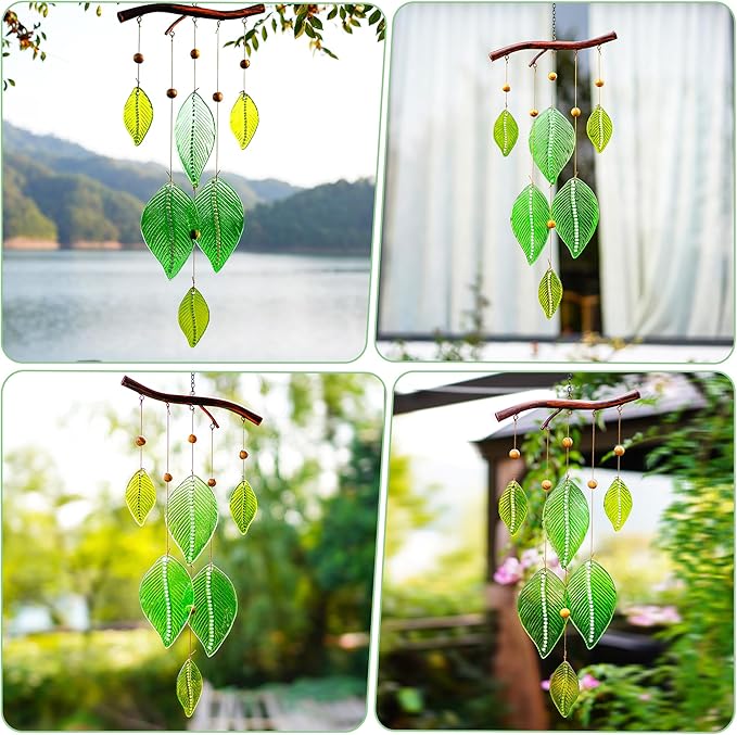 Glass Wind Chimes for Outside,Unique Handmade Windchimes Outdoors with Stained Glass Leaves for Home Window Garden Yard Patio Decor Ornament for Christmas Tree,Green 20"
