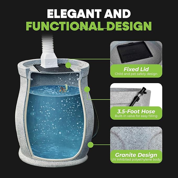 FCMP Outdoor Catalina 45-Gallon Rain Barrel – BPA-Free Flat-Back Design with 3.5 Foot Garden Hose, Shut-Off Thumb Valve, and Fixed Lid (RB-CAT-LTGRNT) Light Granite