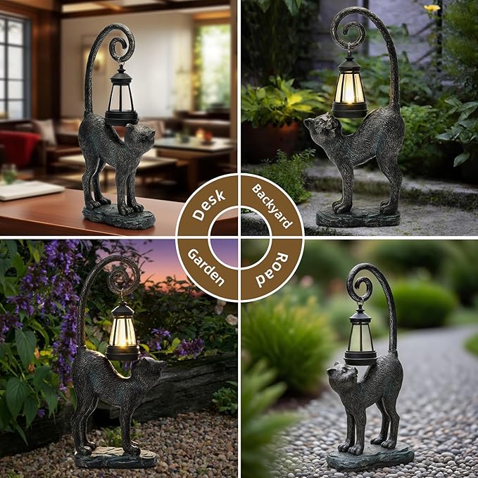 Solar Cat Garden Decor Outdoor Statue - Cat with LED Waterproof Sculptures Lights, Cute Pond/Yard Statues Outside Decoration, Home, Lawn, Patio, Resin Animal Ornament, Women/Gardening Gift