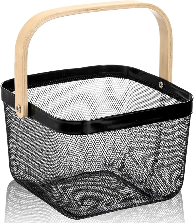 ZEAYEA Mesh Steel Fruit Basket Bin with Handle, Multi-functional Hanging Storage Organizer Garden Harvest Basket, Metal Wire Kitchen Basket for Cabinet, Pantry, Bathroom, Picnic, Home Decor, Black