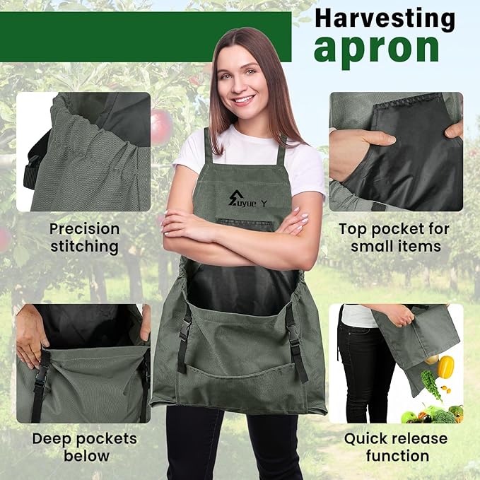 Garden Apron, Gardening Apron with Pockets for Women Men, Canvas Cross Back Harvest Aprons with & Internal Drawstring Bag