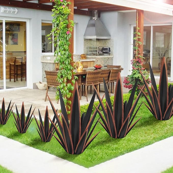 Large Tequila Rustic Sculpture, Rustic Metal Agave Plants for Outdoor Patio Yard, Home Decor Hand Painted Metal Agave Garden Yard Statue, Outdoor Lawn Ornaments Yard Stakes (Black -L)