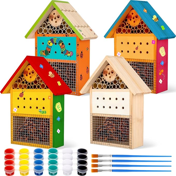 Leinuosen 4 Set Bug Hotel Kit, Wood DIY Cedar Craft for Building Bee, Hanging Insect Hotel for Bee, Butterfly, Ladybirds, Beneficial Insect Habitat, Educational Kit for Adults, Parents and Teachers