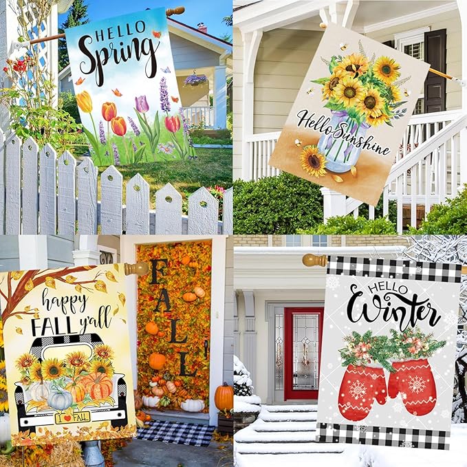 Seasonal Garden Flags Set of 12 Double Sided 28 x 40 Inch Yard Flags, Large House Flags for Outside, Fall Winter Halloween Christmas Outdoor Flags, Holiday Garden Flags for All Seasons