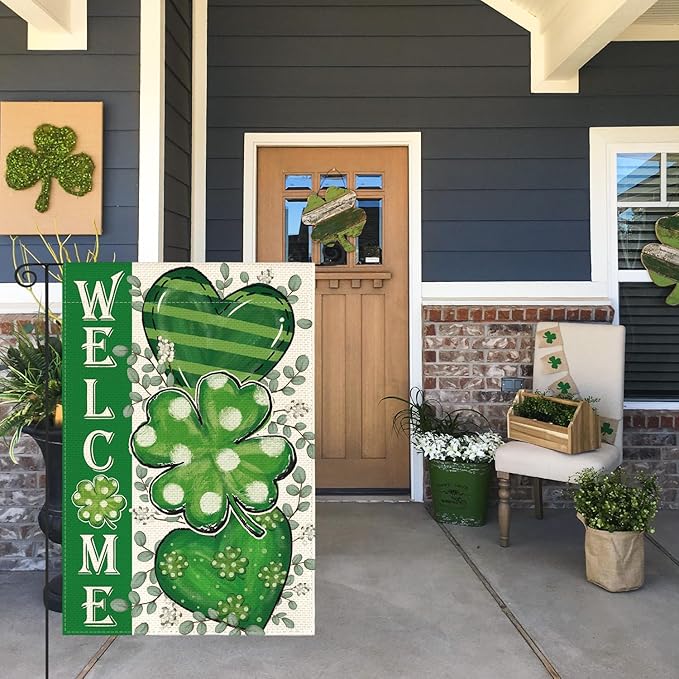 AVOIN colorlife St Patricks Day Garden Flag 12x18 Inch Double Sided Outside, Shamrocks Clovers Hearts Welcome Yard Outdoor Decoration