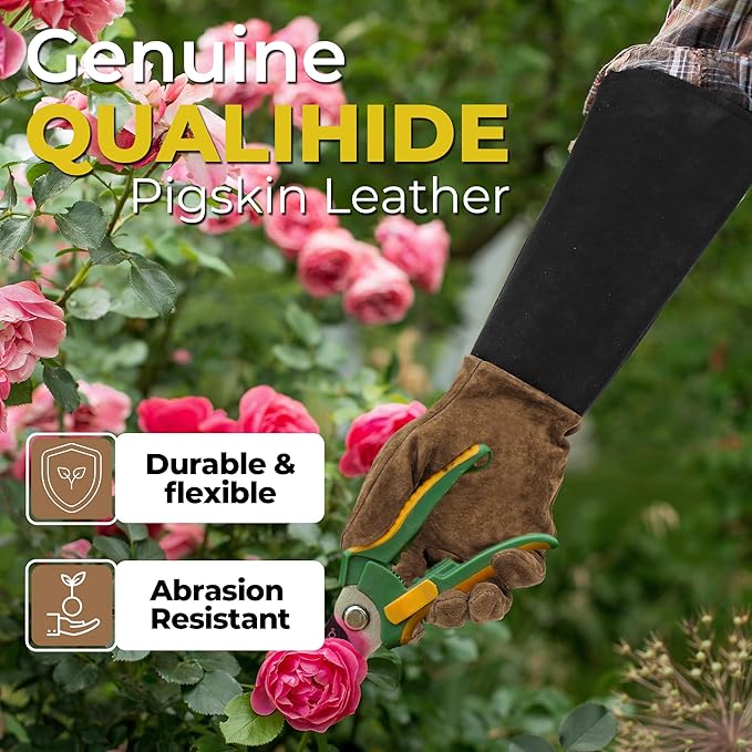 HANDLANDY Long Gardening Gloves for Men & Women, Pigskin Leather Rose Pruning Gloves, Breathable Thorn Proof Gauntlet Glove (Coffee Brown, XL)