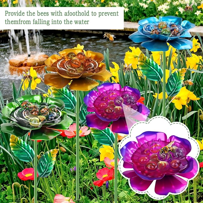 4 Pack Bee Watering Station, Metal Bee Feeder with Glass Marbles, Flower Design Bee Butterfly Watering Station Bee Waterer for Outdoor Garden Courtyard Decors