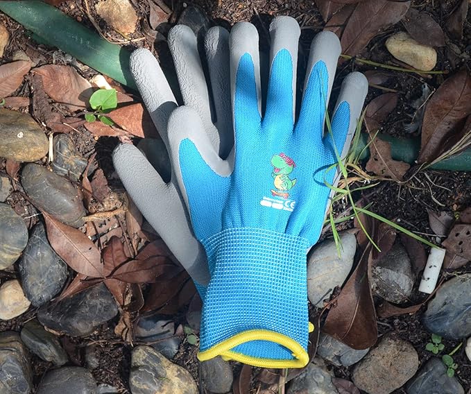 Ages 8-10 Kids Gardening Gloves,Yard Work Gloves for Toddlers, Youth, Girls, Boys, Childrens, Soft Safety Rubber Glove (XXXS Age 8-10, 1 Pair Light Blue Panda)