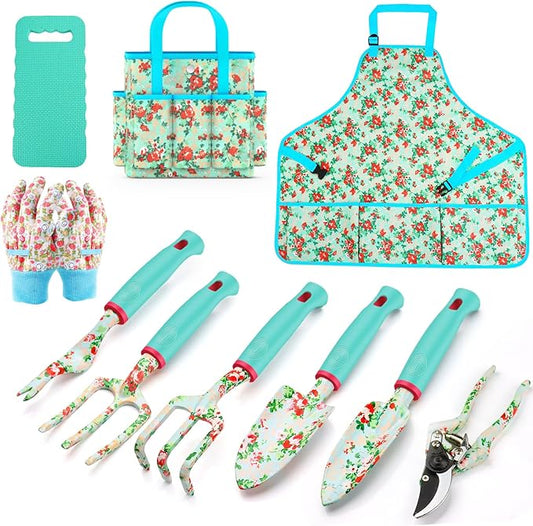 Garden Tools Set, JUMPHIGH 10 PCS Heavy Duty Gardening Tools Includes Hand Trowel Rake Weeder Pruner, Gardening Gifts for Women, Garden Kit with Tote Bag, Apron, Gloves, Kneeling Pad
