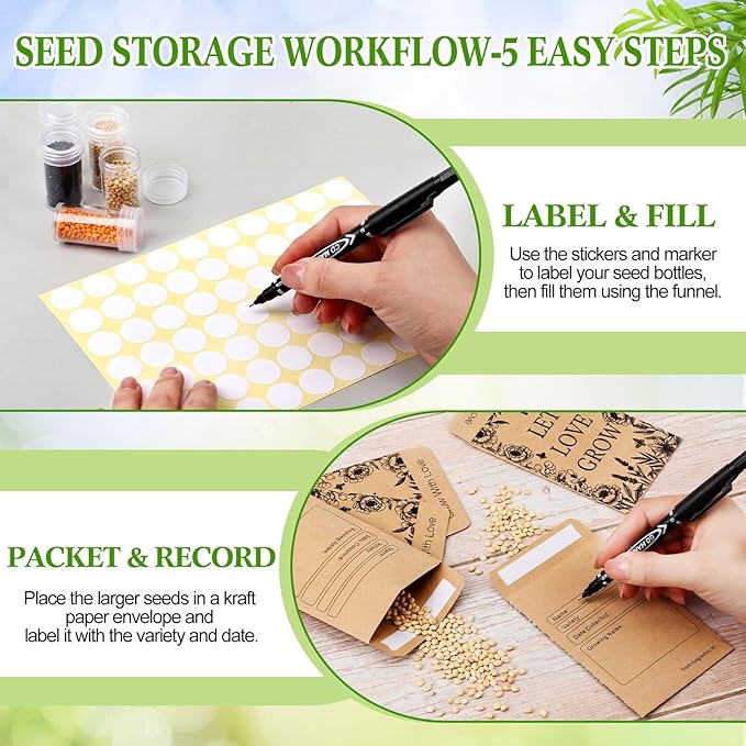 Large Bamboo Seed Storage Organizer with Lid and Locks, Seed Organizer Storage Box with 40 Jars, 50 Envelopes, 100 Plant Labels 60 Stickers & More, 4 Compartments for Garden Seeds