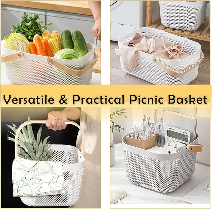 2 Pack Plastic Mesh Garden Harvest Basket, Plastic Picnic Baskets with Foldable Wooden Handle, Rectangle Fruit Vegetable Storage Organizer Bins for Gathering, Kitchen, Pantry, White
