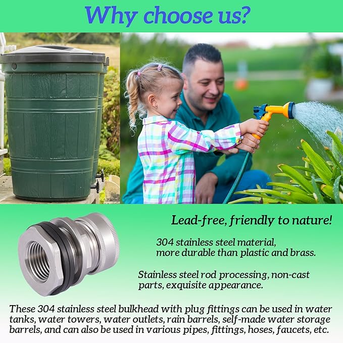 Bulkhead Fitting With Plugs（304 Stainless steel），lead-free, 1/2" Female NPT, 3/4" Male GHT (garden Hose Thread), for Rain Barrels, Aquariums, Water Tanks, Tubs, Pools, Spigot, Sinks，2 Pack…