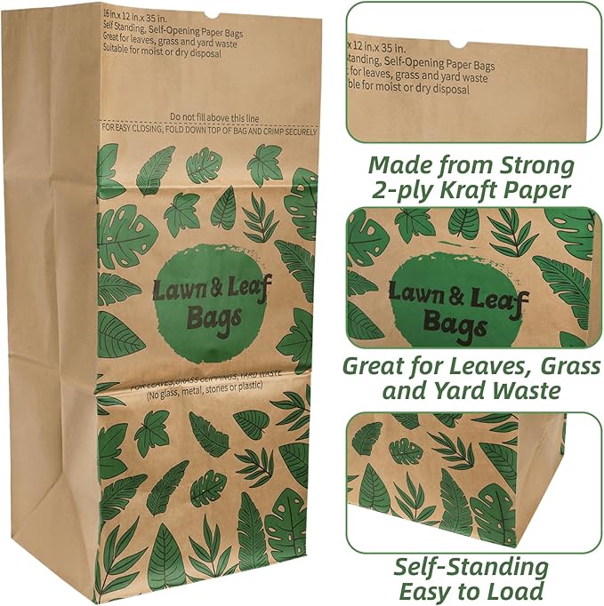 YOUEON 10 Pack 30 Gallon Leaf Bags Brown Paper, 2-Ply Heavy Duty Lawn and Refuse Bags, Yard Waste Bags for Home, Garden, Yard, Self Standing and Tear Resistant