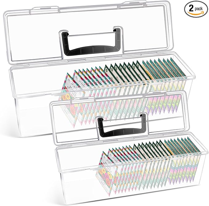 GRETJOB Seed Organizer Storage Box - 2 Pack Clear Plastic Seed Packet Keeper with Secure Lids (14x4.2x4.7in + 11.8x3.7x3.7in)