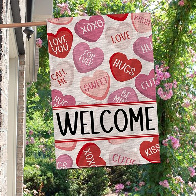 Valentines Day Garden Flag 28x40 Inch Double Sided, Love Hearts Welcome Valentine Decorations Burlap Garden Flags Rustic Anniversary Yard Outdoor Farmhouse Outside
