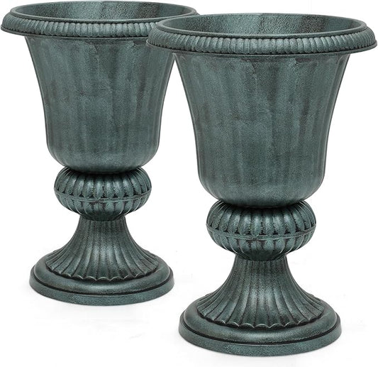 Magshion 20" Urn Planters for Outdoor Plants, Large Decorative Front Porch Planters Set of 2, Weatherproof Tall Plastic Flower Pots for Garden, Patio & Entryway Décor, Antique Green