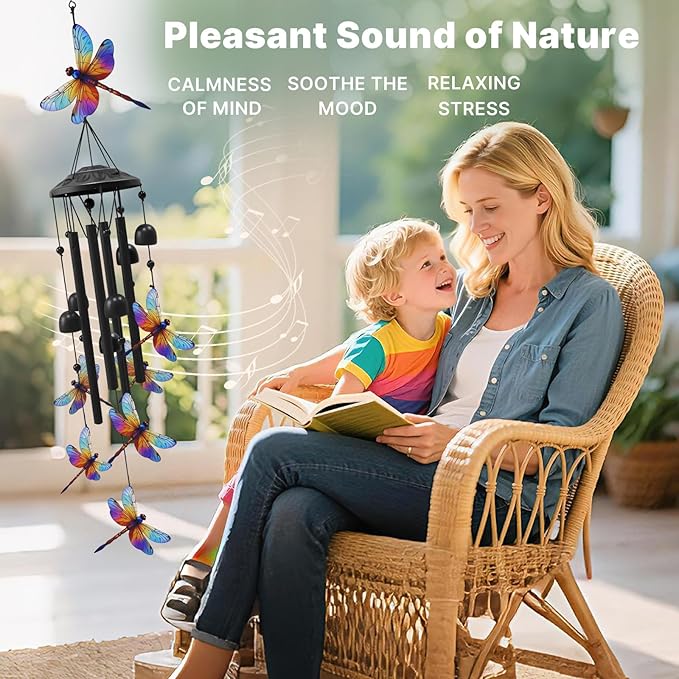 Dragonfly Wind Chimes for Outside, Black Metal Windchimes Outdoors, Dragonflies Gifts for Women/Men, Garden/Yard Decor, Memorial/Birthday Gifts for Grandma/Mom, Durable Chimes for Outdoors
