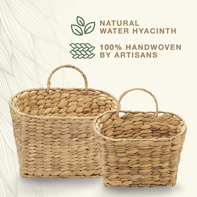 Set of 2 Wicker Hanging Basket for Organizing, Front Door, Mail, Flowers - Woven Wall Baskets for Storage (Hyacinth Natural – Solid Weave)