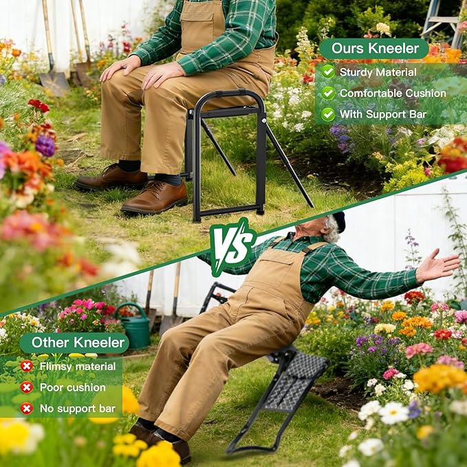 Heavy Duty Garden Kneeler and Seat for Elderly, 400lbs Capacity Foldable Gardening Stool with Support Legs & Thick Pad, Includes Large Tool Organizer Bag, Black (Dark Black)