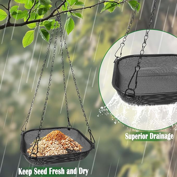 Platform Hanging Bird Feeder for Outdoors – Metal Mesh Seed Tray to Attract Wild Birds, Square 11 x 11 in, Black