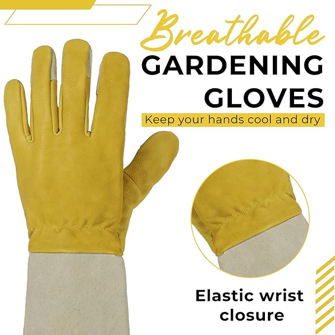 HANDLANDY Rose Pruning Gardening Gloves for Men Women, Thorn Proof Forearm Protection Leather Garden Gloves, Gardening Gifts for Gardeners (Butter Yellow, Large)