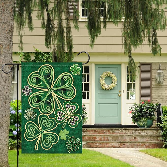 Louise Maelys Welcome St. Patrick's Day Garden Flag 12x18 Double Sided Vertical, Burlap Spring Small Lucky Shamrock Clover Yard Banner Sign Buffalo Plaid Home Outside Outdoor Decor