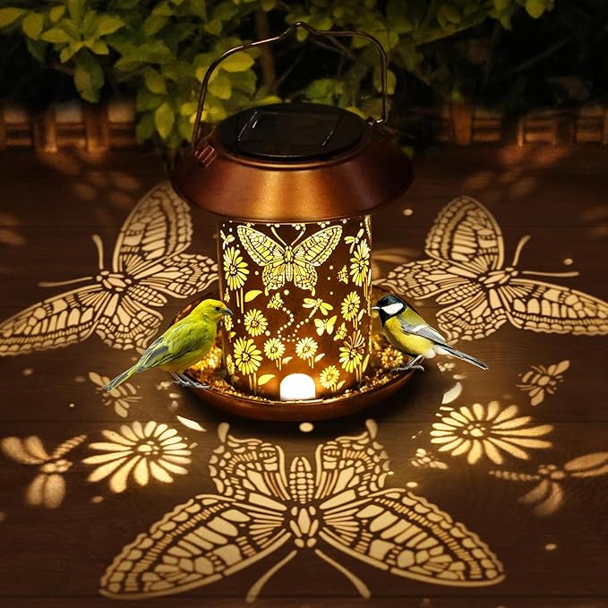 Solar Bird Feeders for Outdoors Metal Butterfly Lantern Hanging on a Tree Metal Wild Bird Feeder Decoration for Patio,Yard,Lawn,Pathway,Garden,Garden Decor Gifts for Bird Lovers Mom Friends
