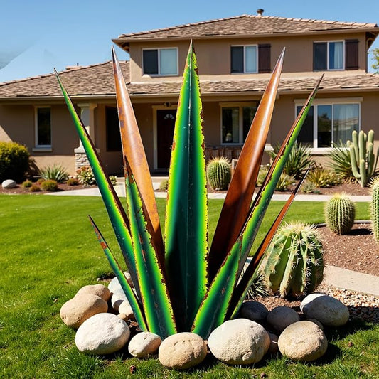 24” Large Metal Agave Plants Outdoor Decor, Vintage Green Tequila Rustic Sculpture Outdoor Statues, Agave Metal Plants for Yard Garden Lawn Ornaments，Artisan Metal Agave Landscape Decor