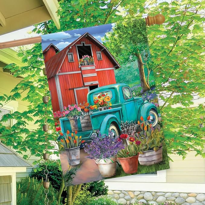 Farm In Spring House Flag Pickup Truck Floral 28 x 40 Briarwood Lane