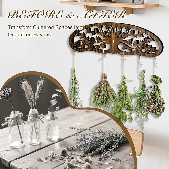 Herb Drying Rack - Wall Mounted Tree Design Holds 11 Bouquets, Space Saving Kitchen Herb & Flower Dryer, Rustic Wooden Hanging Decor for Gardeners, Crafters (dark brown)