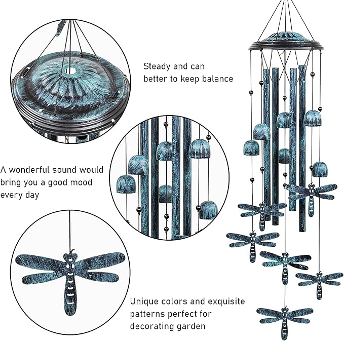 Monsiter QE Outdoors Wind Chimes with 4 Aluminum Tubes - Dragonfly S Hook, Wind Bells Hanging Decorate for Patio, Garden, Backyard or Porch