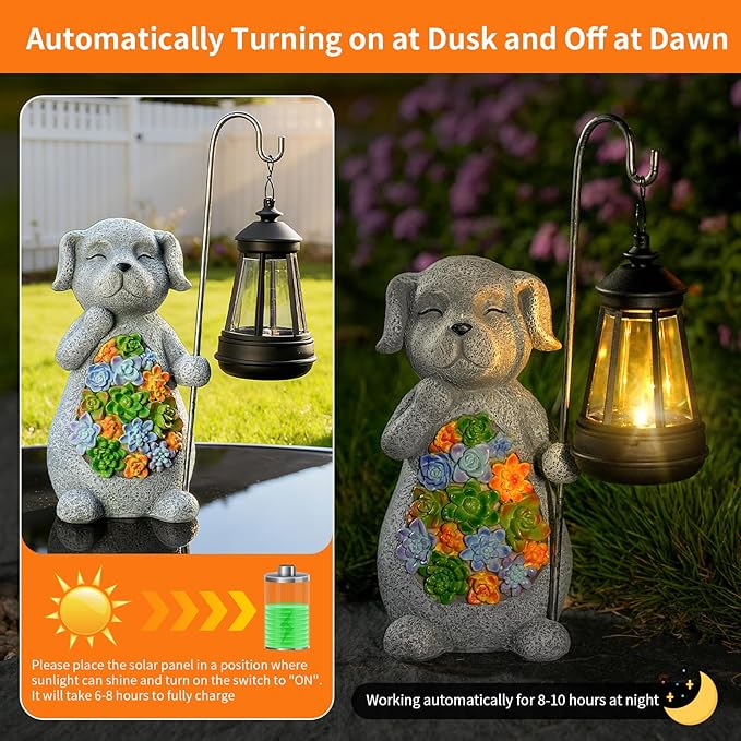 Solar Dog Garden Statue with Lantern – Waterproof Resin Outdoor Decor for Yard, Lawn, Flower Bed, Backyard, Front Yard, Patio, Balcony – Gift for Dog Lovers