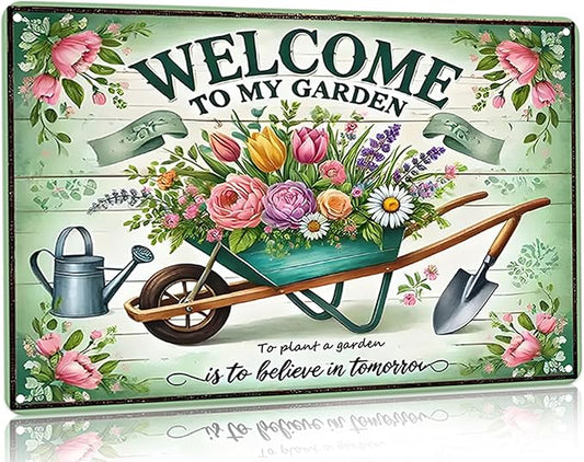 Bestylez Gardening Gifts Vintage Gardening Signs Welcome to My Garden Tin Sign for Home Garden Greenhouse Living Room Bedroom Yard Cottage Outdoor Decor 8X12 Inch (3357)