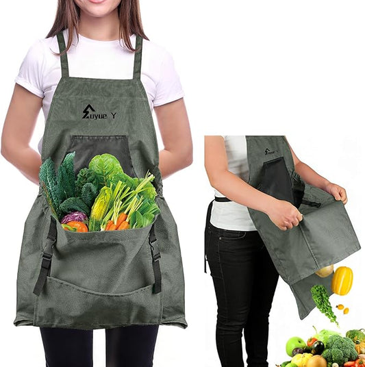 Garden Apron, Gardening Apron with Pockets for Women Men, Canvas Cross Back Harvest Aprons with & Internal Drawstring Bag