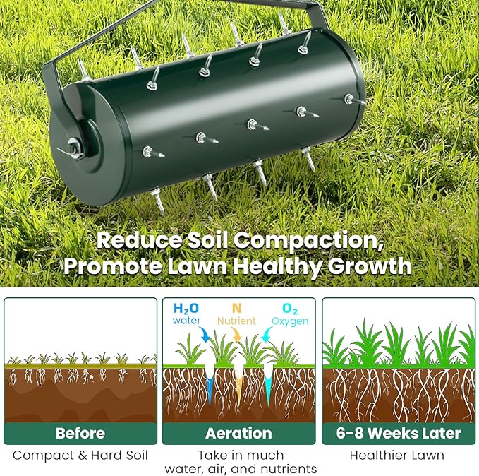 Goplus Rolling Lawn Aerator, 18-Inch Garden Yard Rotary Push Tine Filled Sand Stone, Heavy Duty Spike Soil Aeration w/Metal Handle, Fillable Drum 51" Manual Lawn Aeration Tool Garden Grass Patio Yard