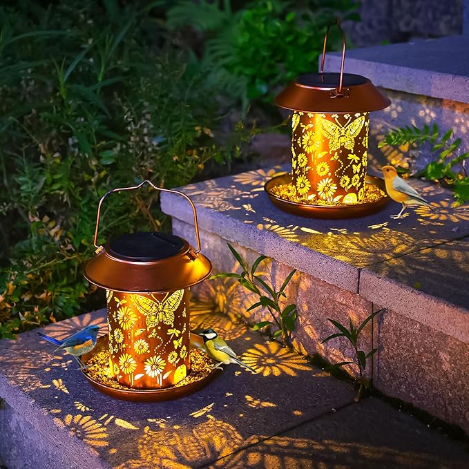 2 Pack Solar Bird Feeders for Outdoors Metal Butterfly Solar Lanterns Hanging Outdoor Lights Waterproof Decoration for Patio, Yard, Lawn, Pathway, Garden Decor for Women Men