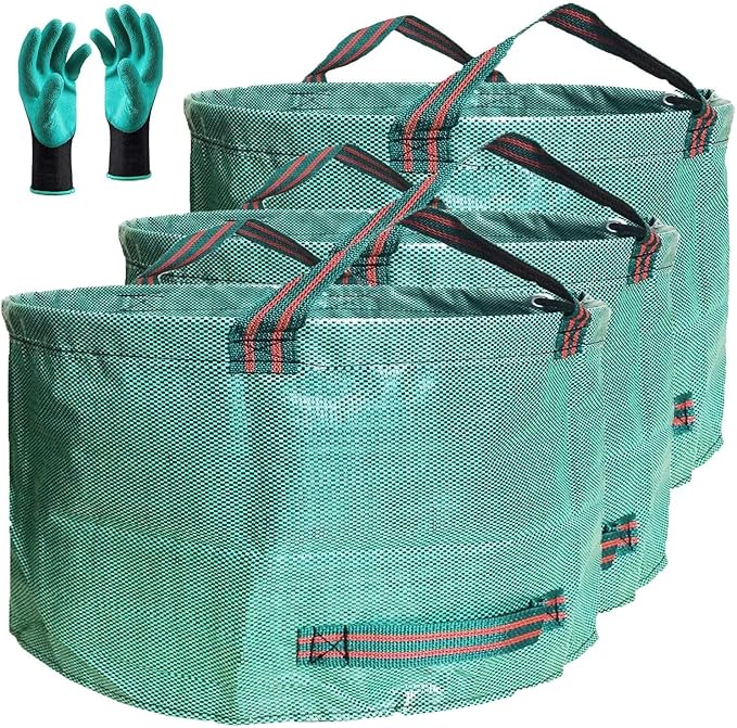Standard 3-Pack 46 Gallon Lawn Garden Bags (D26,H19 inch) Yard Waste Bags W/Gardening Gloves for Leaf Bag,Yard Debris,Garden Trash Container,Camping Waste Bin,Lawn Grass Clippings,Weeds Bag 4 Handles