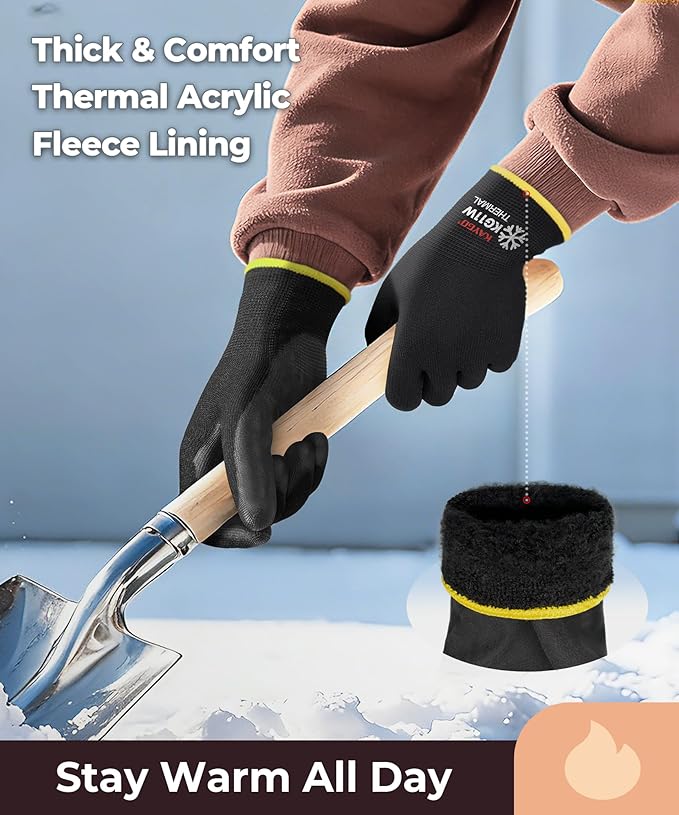 KAYGO 12 Pairs Winter Work Gloves for Men and Women, Thermal Insulated Safety Work Gloves PU Coated, Super Grip,Ideal for Freezer Work,Black,L