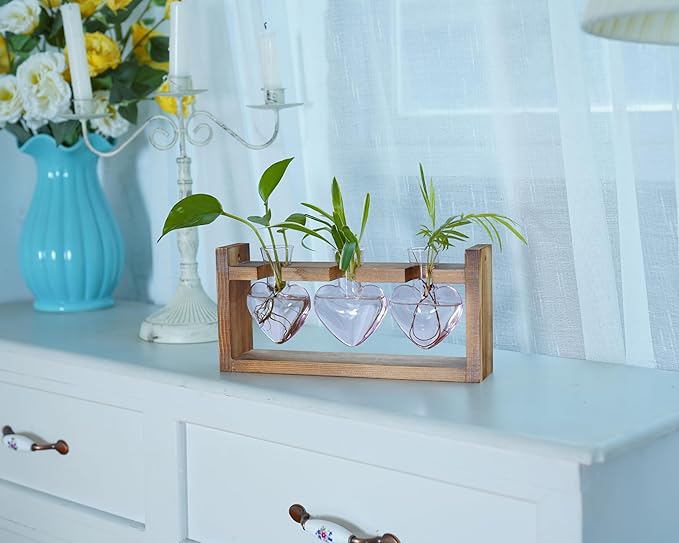 Kingbuy 3-Heart Plant Terrarium Kit - Stained Glass Vase Propagation Station with Vintage Wood Stand - Wall-Mounted & Tabletop Indoor Garden Decor for Home Kitchen Wedding Gift for Plant Lover, Pink