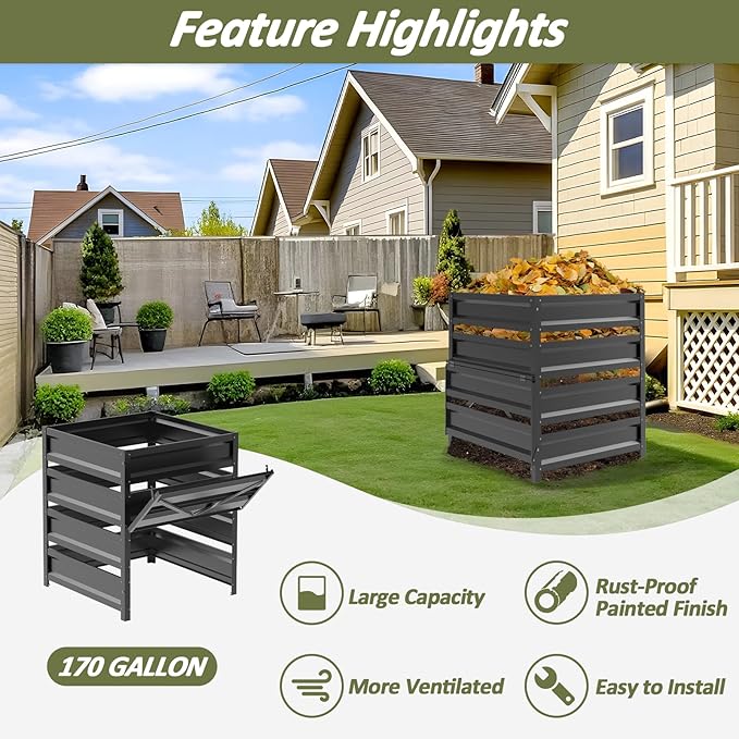Compost Bin Outdoor -170 Gallon Composter with Rust-Proof Coating, Painted Finish, Large Compost Bin for Producing Fertilizer from Kitchen Waste and Fallen Leaves