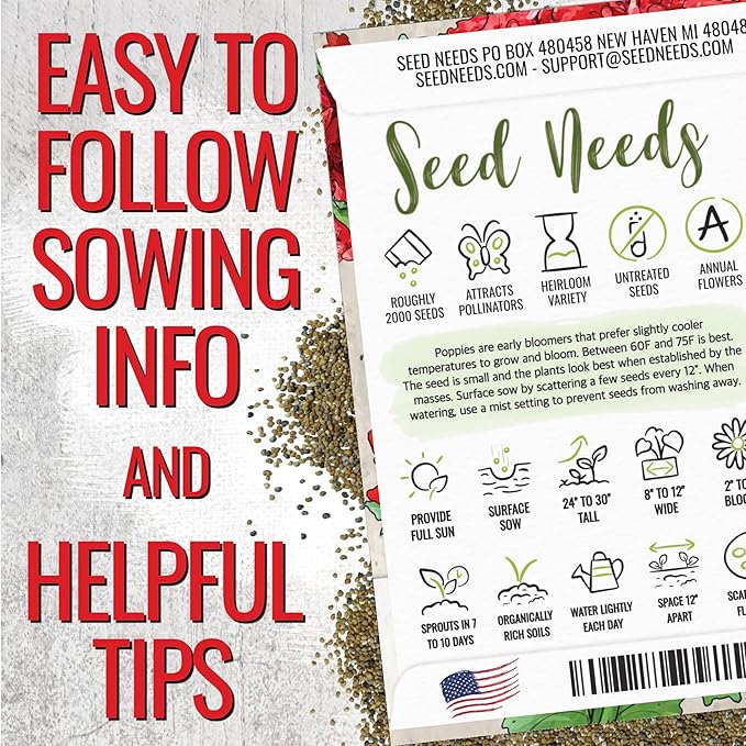 Seed Needs Scarlet Peony Poppy Seeds for Planting - Heirloom & Open Pollinated Annual Flowers - Red Ruffled Blooms to Attract Butterflies to the Garden (1 Pack)