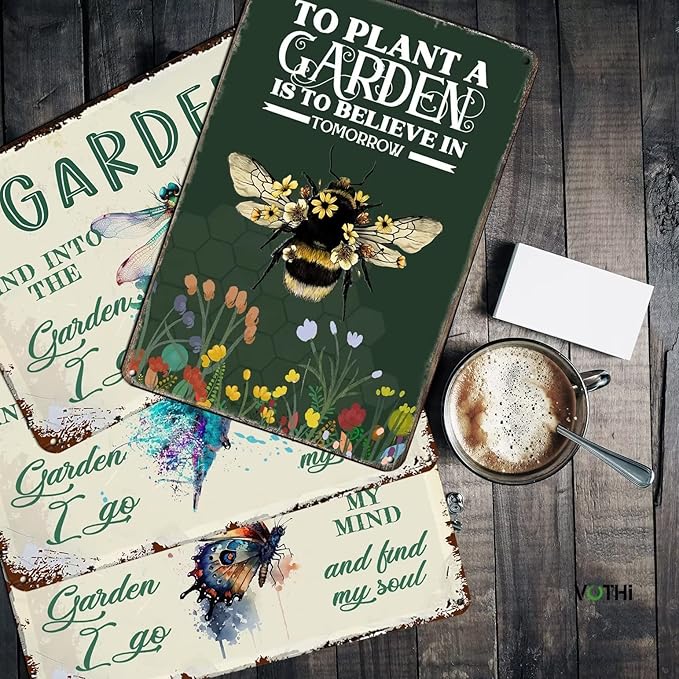 Cute Signs To Plant A Garden Is To Believe In The Bees;Bee Garden Decor for Outside;Patio Signs And Decor Outdoor; Farmhouse Home Kitchen Gardening Wall Decor 8x12 In