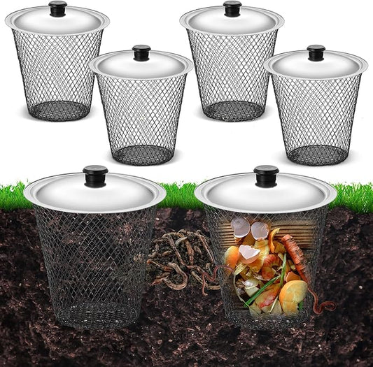 4 Pcs Inground Worm Composter with Lids 9.1 x 9.1 x 5.9 Inch Farm Worm Compost Bin Outdoor for Recycling Kitchen Food Waste to Raised Garden Beds